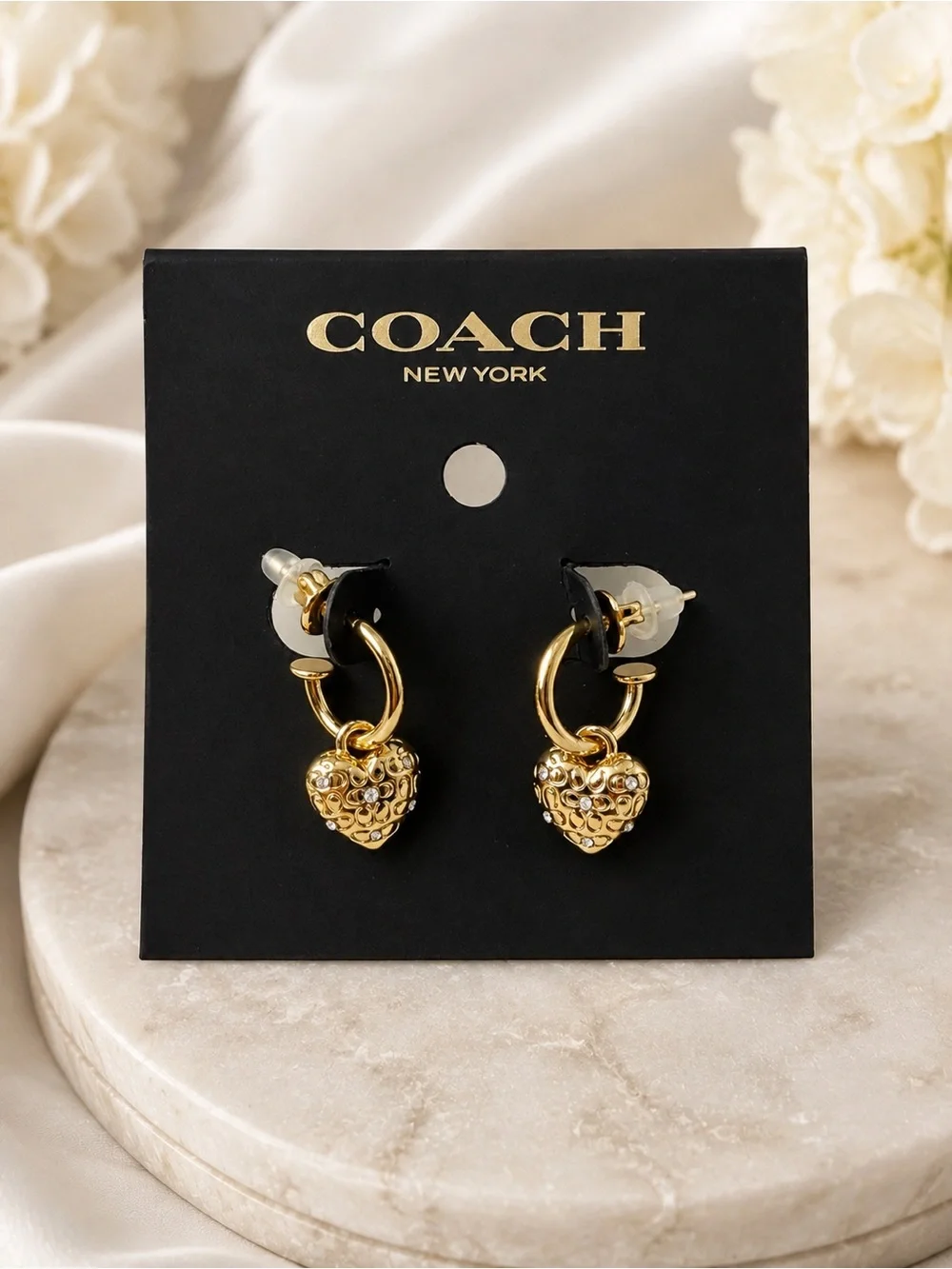 Coach Signature Pavé Quilted Heart Charm Huggie Hoop Earrings
